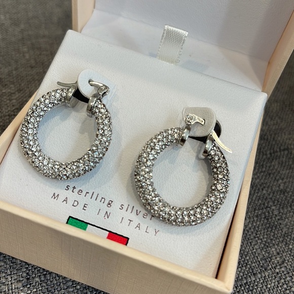 Crystal Embellished Silver Hoop Earrings - Picture 3 of 9